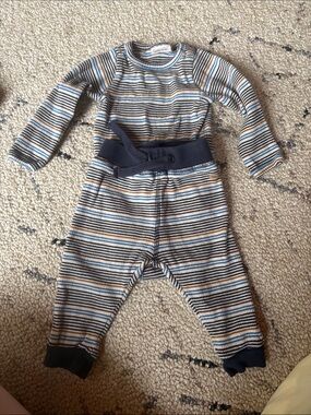 Minymo Kids Striped Knit Top & Pants Set in Navy, Light Blue, Tan